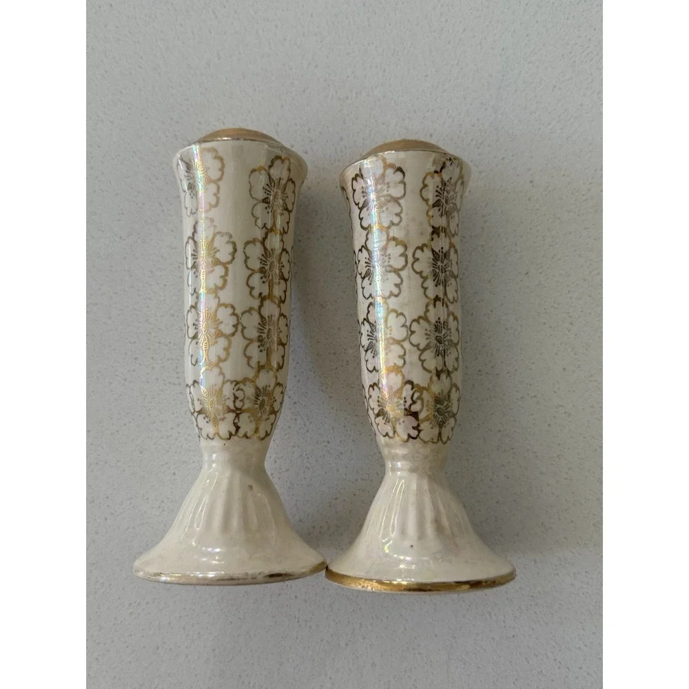 Vintage Iridescent Salt & Pepper Shakers Gold Cream Floral With‎ Stoppers